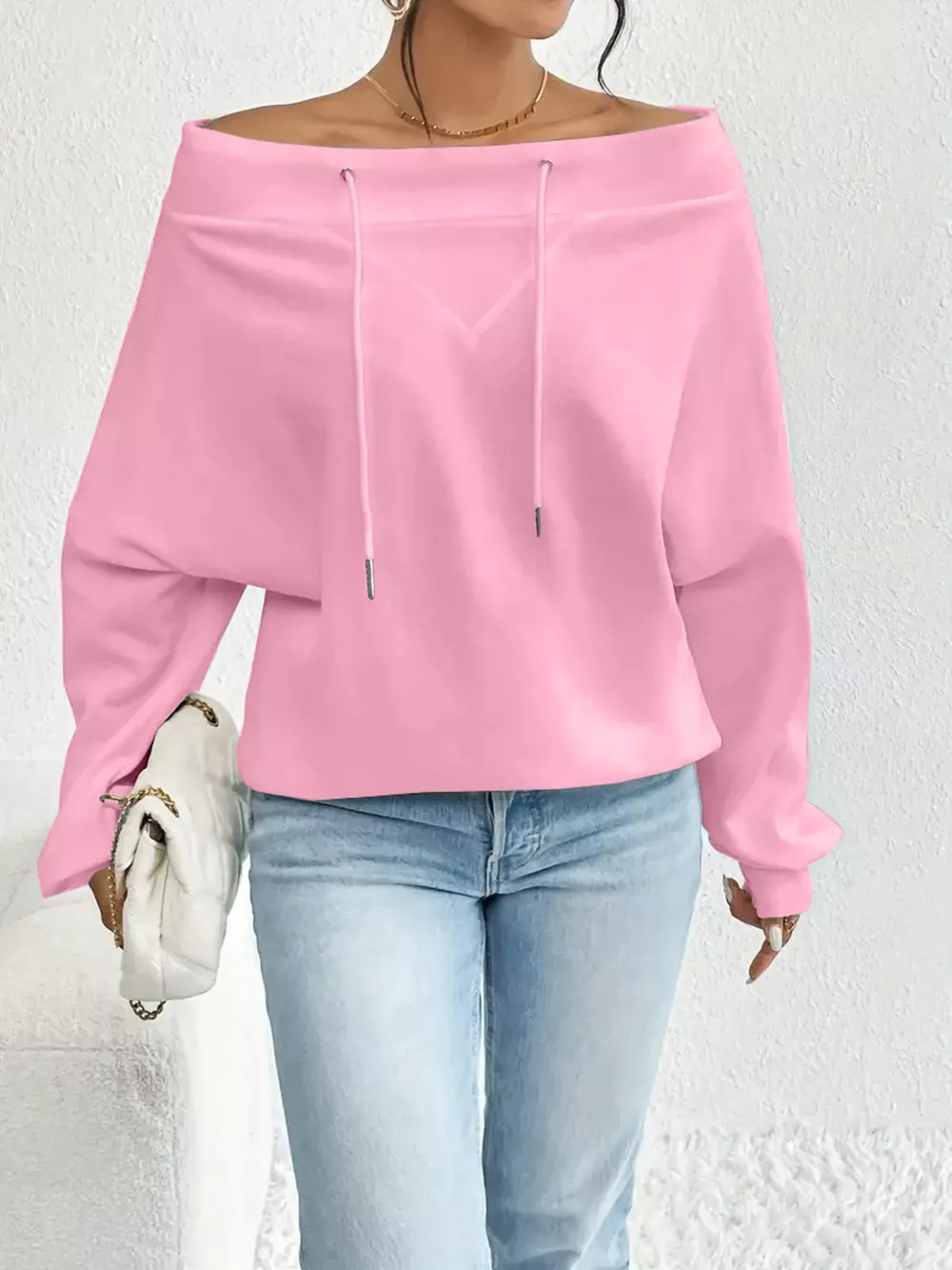 Full Size Off-Shoulder Drawstring Long Sleeve Top Plus Size, image 18