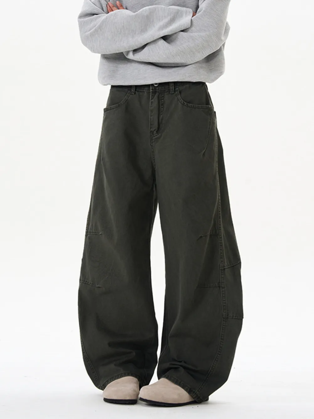 Men's Washed Wide Leg Curved Cargo Jeans, image 8