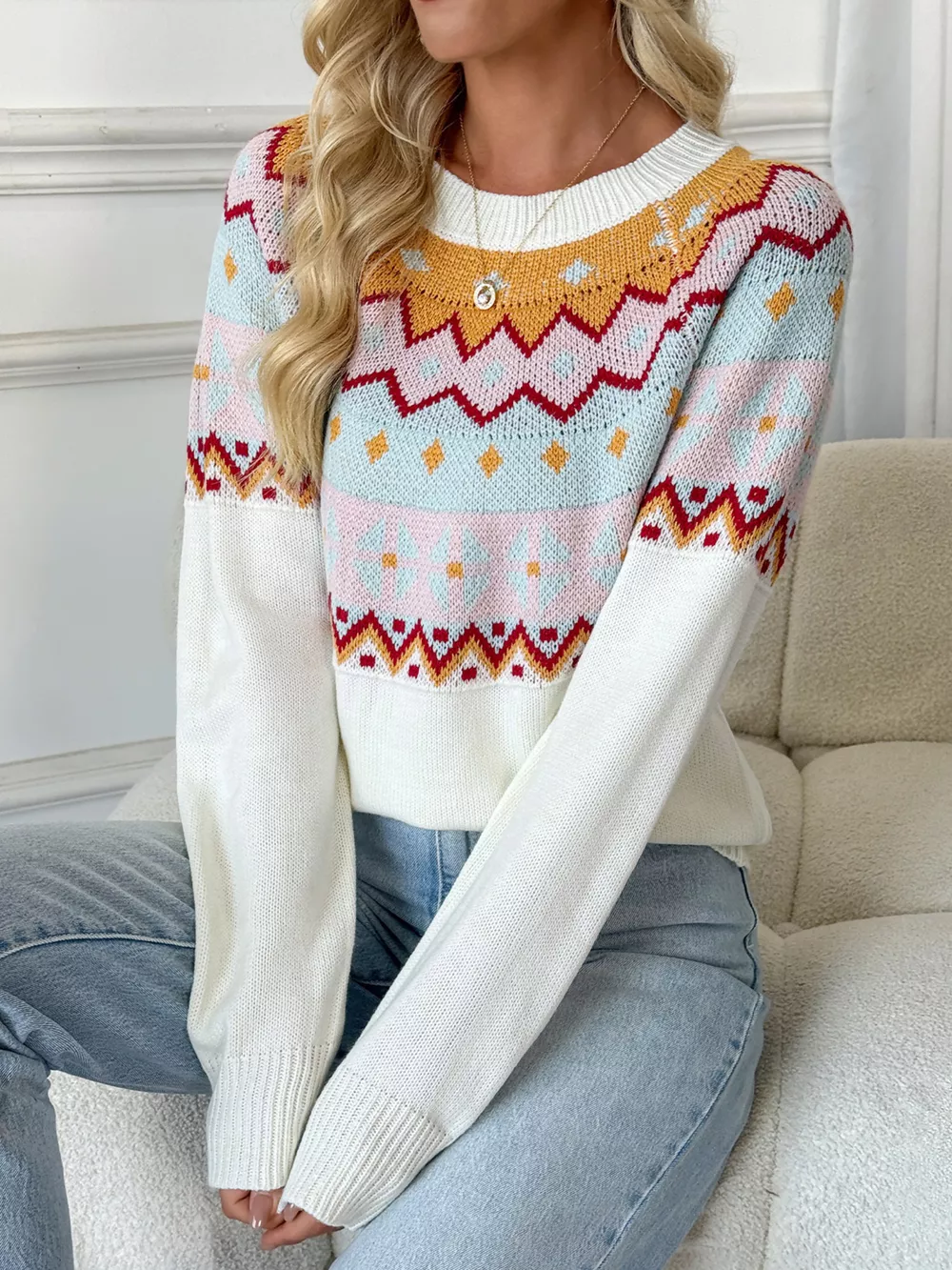 Contrast Round Neck Long Sleeve Sweater, image 4