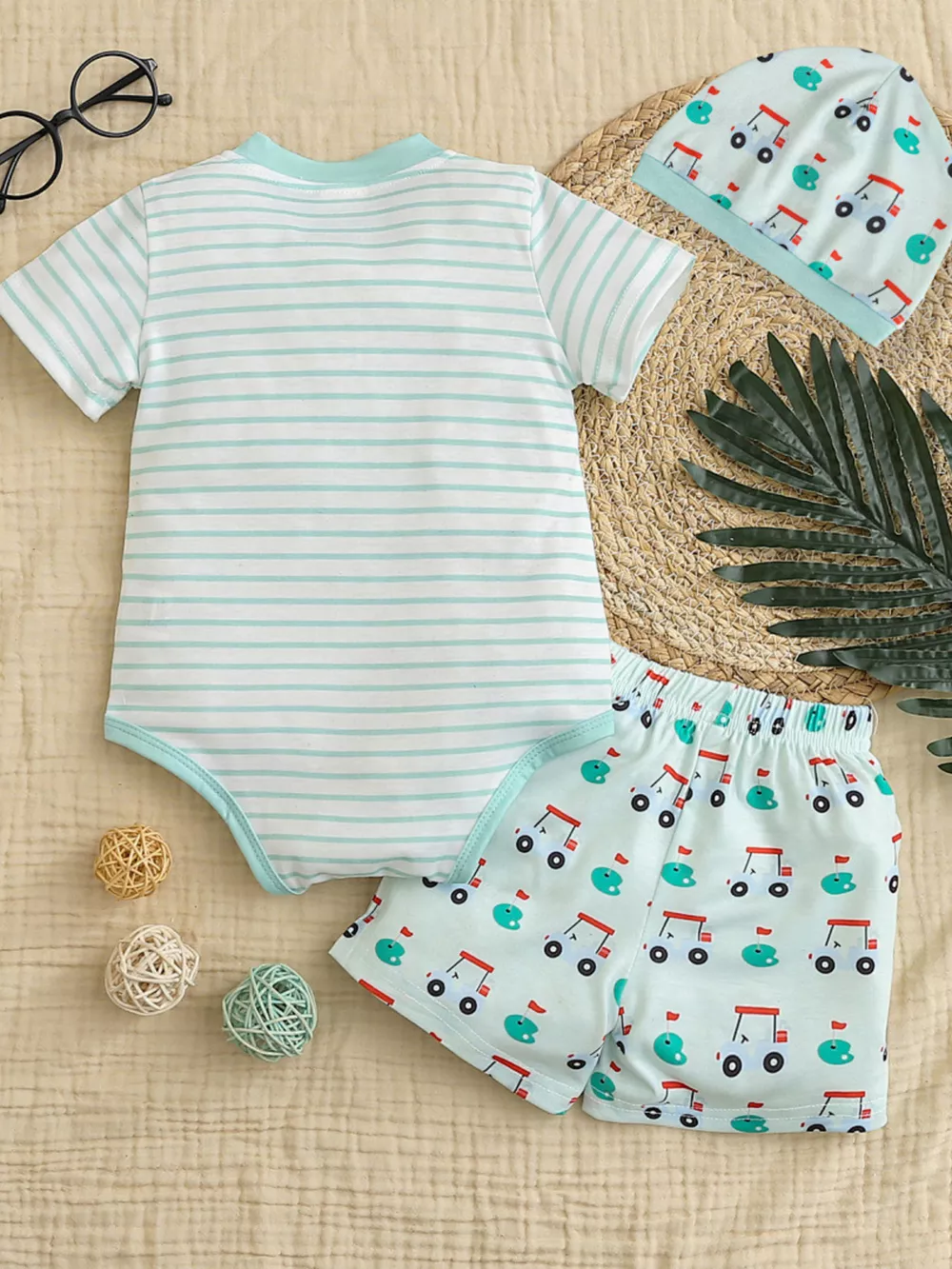 Children's Striped Short Sleeve Bodysuit and Shorts Set with Hat, image 11