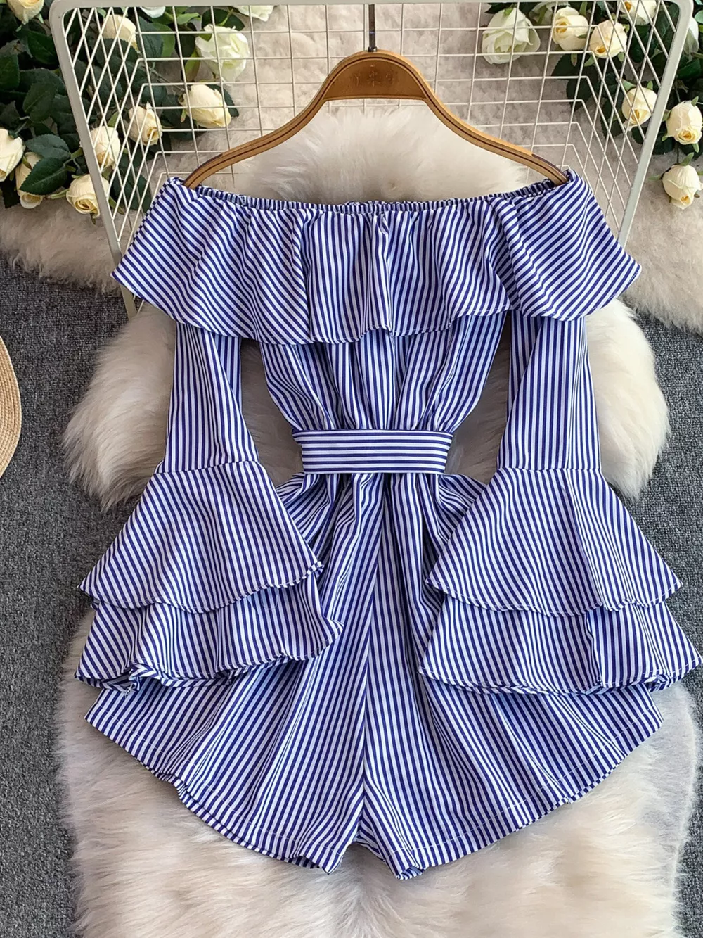 Off-Shoulder Flounce Sleeve Romper, image 2