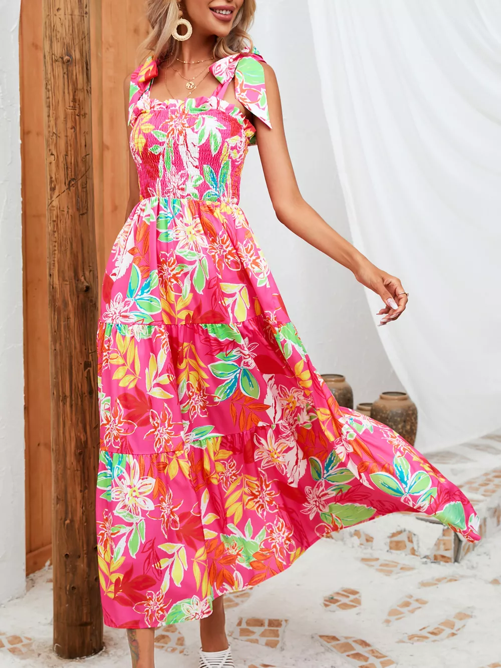 Tropical Print Smocked Tie-Strap Dress, image 13