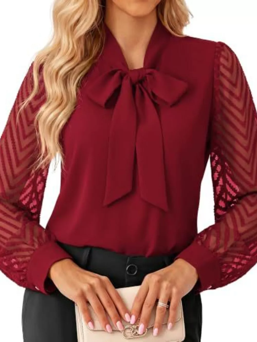 Bow-Tie Blouse with Sheer Chevron Long Sleeves, image 14