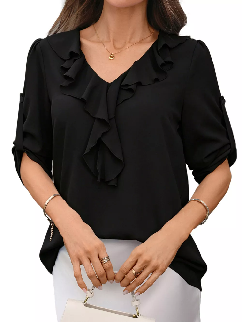 Ruffled V-Neck Roll-Up Sleeves Blouse, image 13