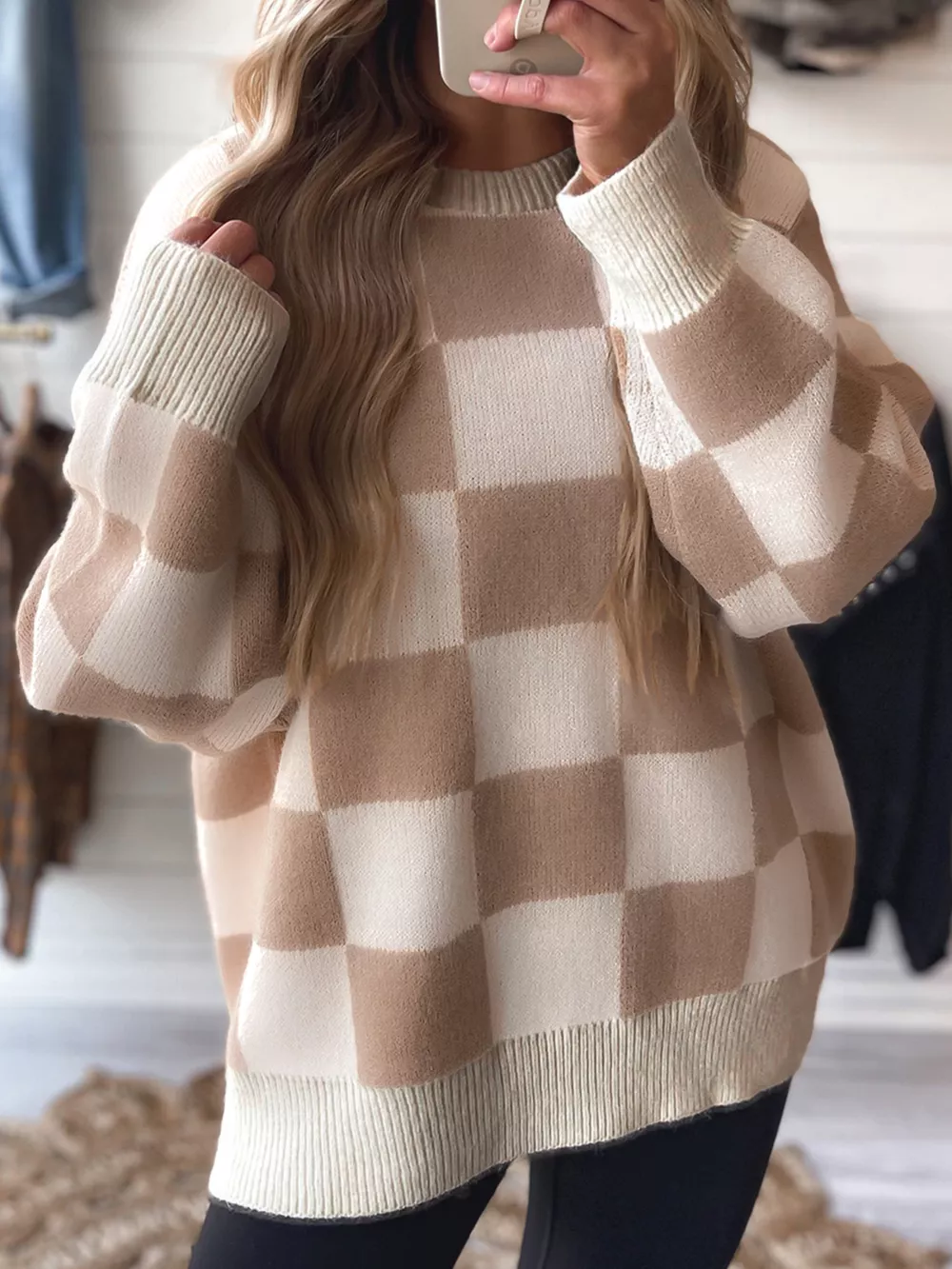 Checkered Pattern Ribbed Trim Knit Baggy Sweater, image 5