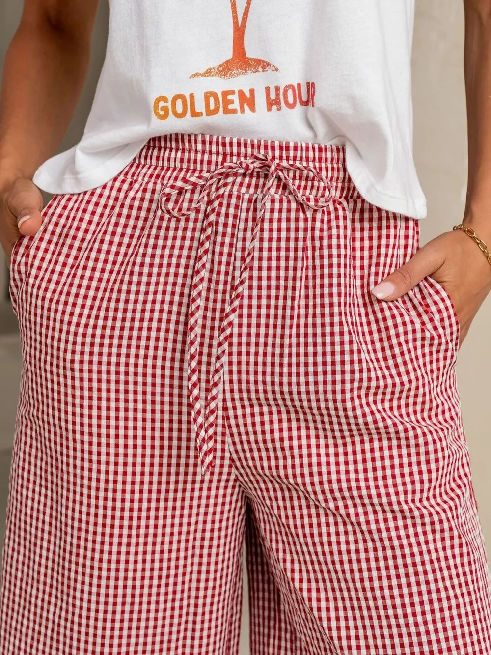 Gingham Print Wide Leg Casual Pants, image 7