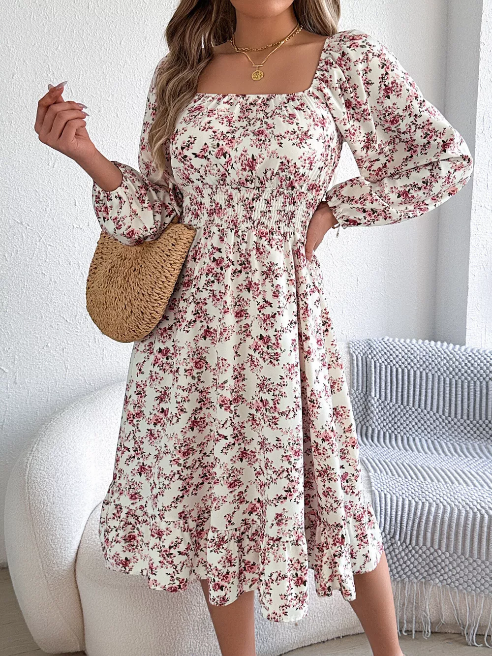 Floral Print Long Sleeve Square Neck Midi Dress, image 14
