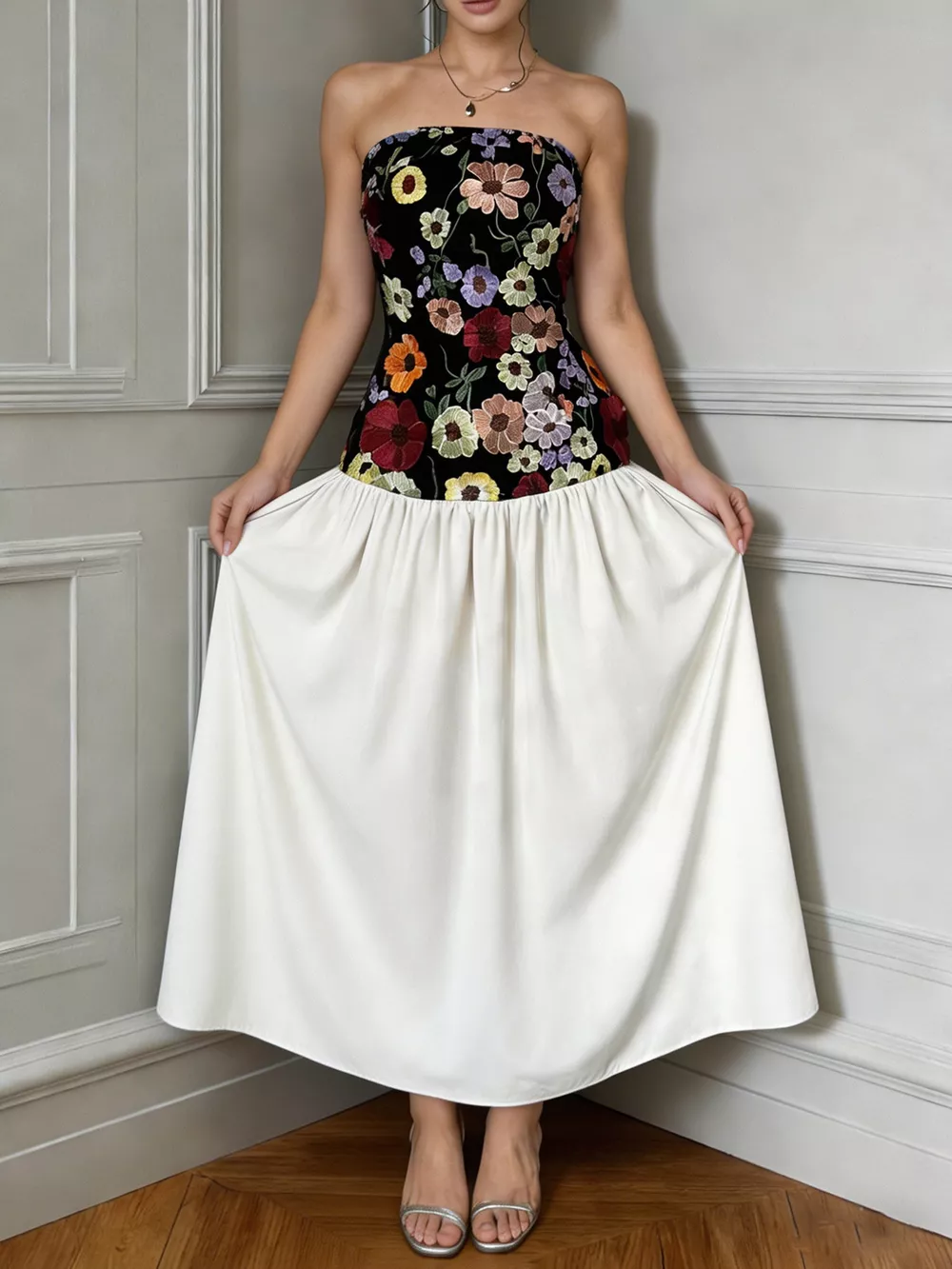 Floral Embroidered Tube Maxi Dress, image 3