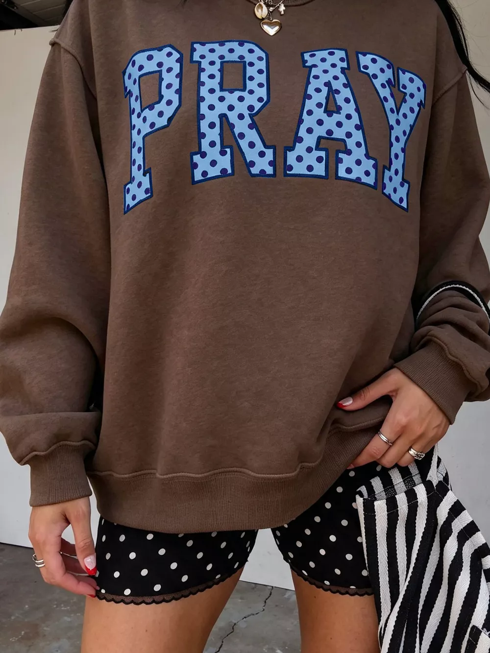 PRAY Polka Dot Embroidered Mock Neck Sweatshirt, image 3