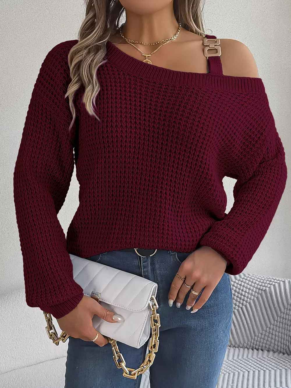 Asymmetrical Neck Long Sleeve Sweater, image 25