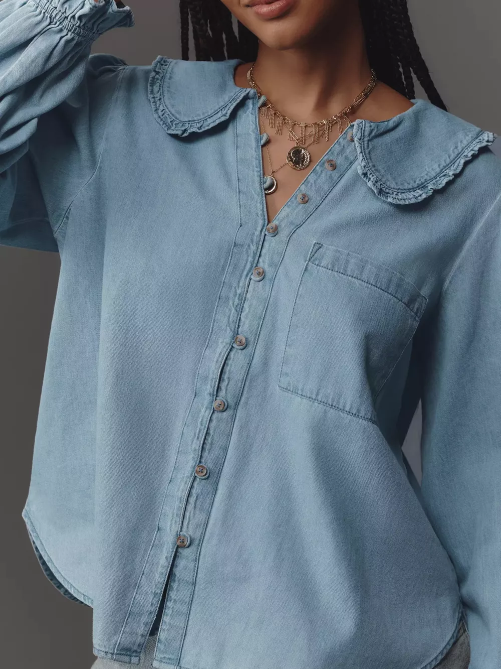 Peter Pan Collar Ruffled Denim Shirt, image 4