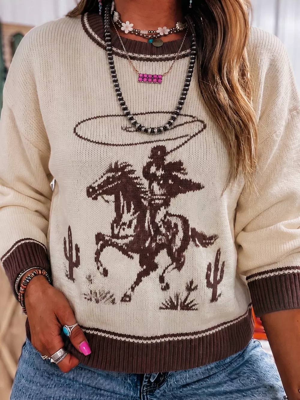 Western Cowboy Graphic Round Neck Sweater