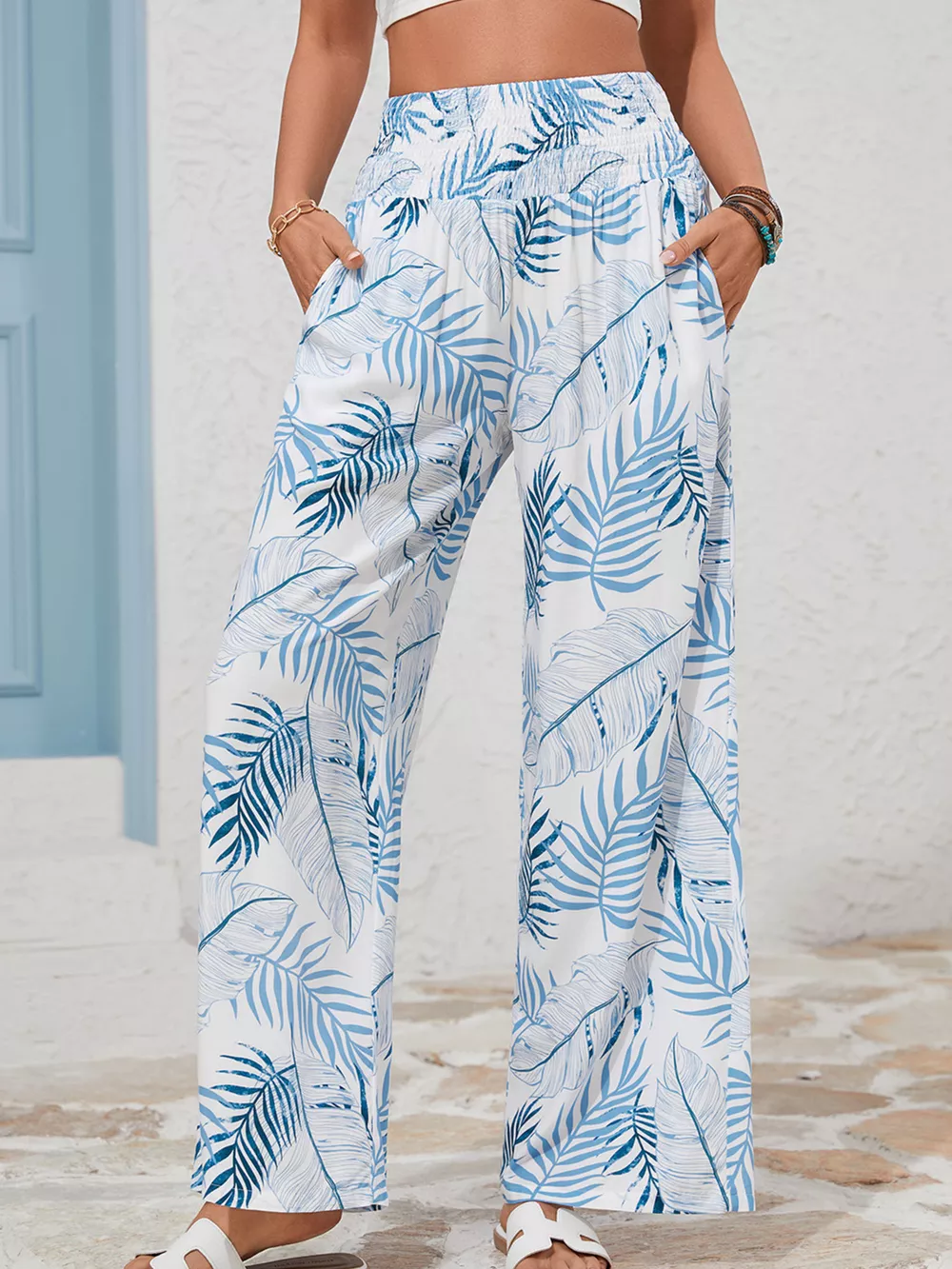 Tropical Print Shirred Waistband Wide Leg Pants, image 3