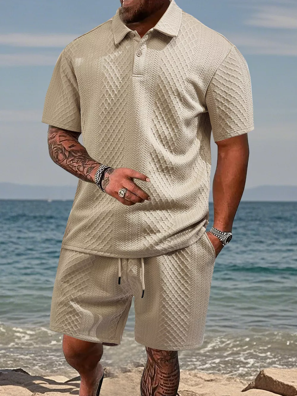 Men's Full Size Textured Knit Polo Shirt & Shorts Set Plus Size, image 3