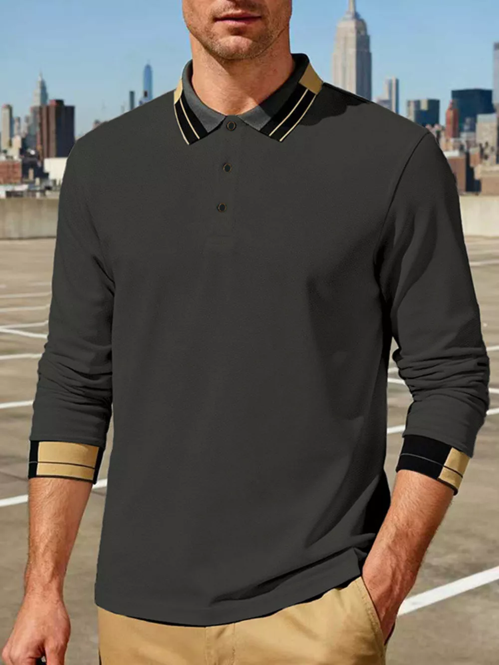 Men's Full Size Button Detail Long Sleeve Polo Plus Size, image 8