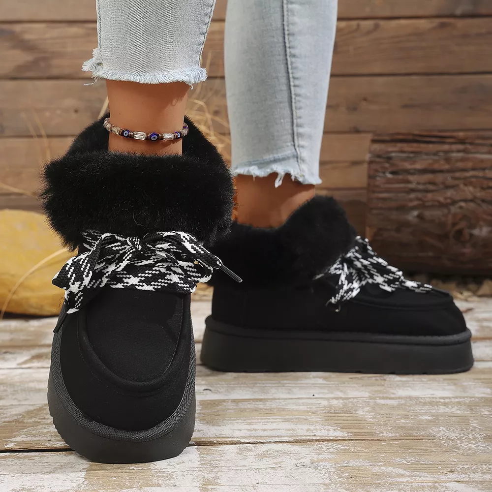 Plush Faux Fur Lined Platform Boots with Ribbon Lacing, image 2
