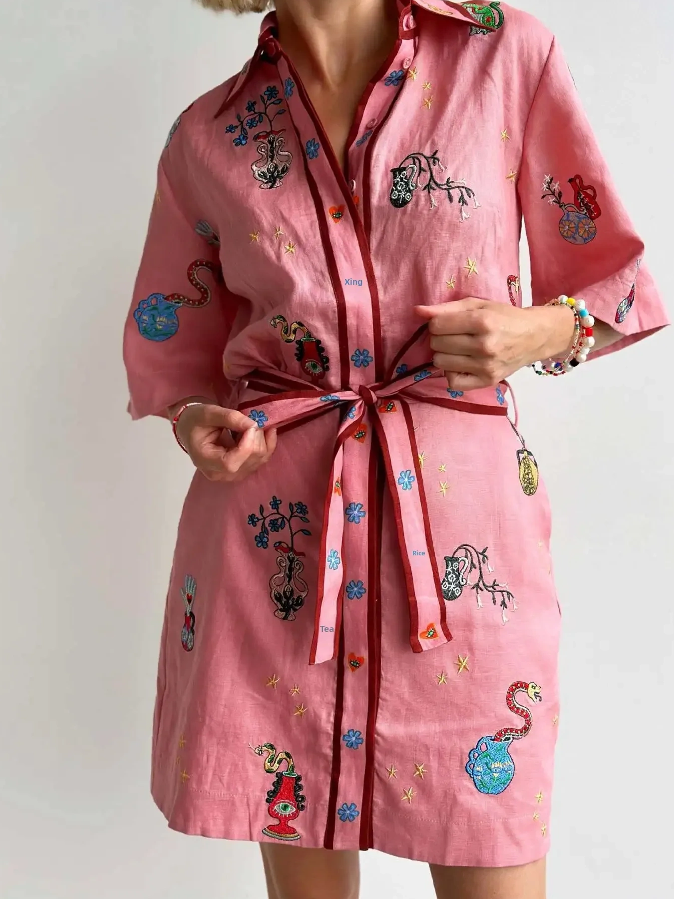 Embroidered Tie Waist Shirt Dress, image 6