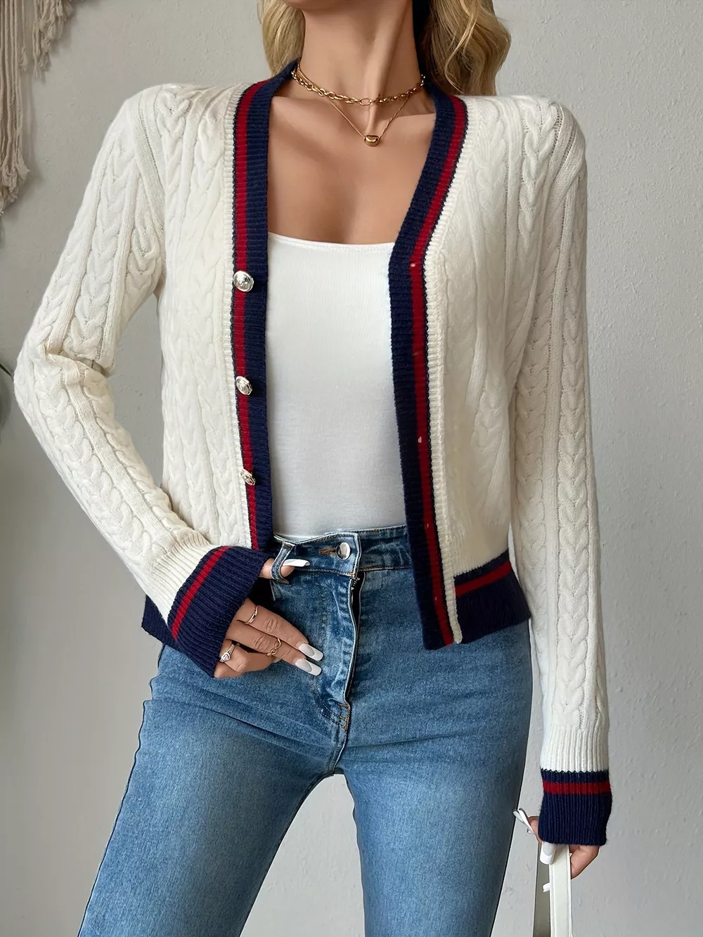 Contrast Trim Cable Knit Cardigan, image 5