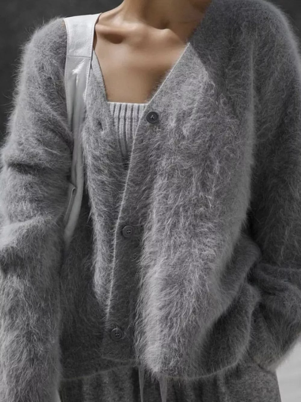 V Neck Button Down Fuzzy Knit Mohair Cardigan, image 4
