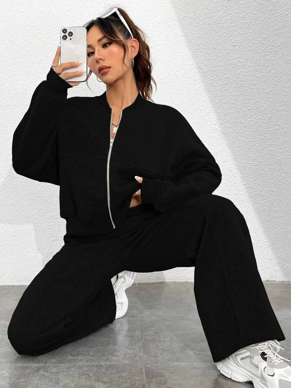 Casual Solid Color Zipper Jacket and Wide Leg Pants Set, image 18