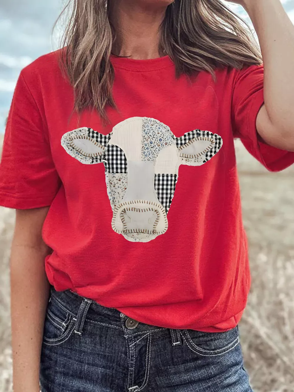 Western Patchwork Cow Print Round Neck Casual T Shirt