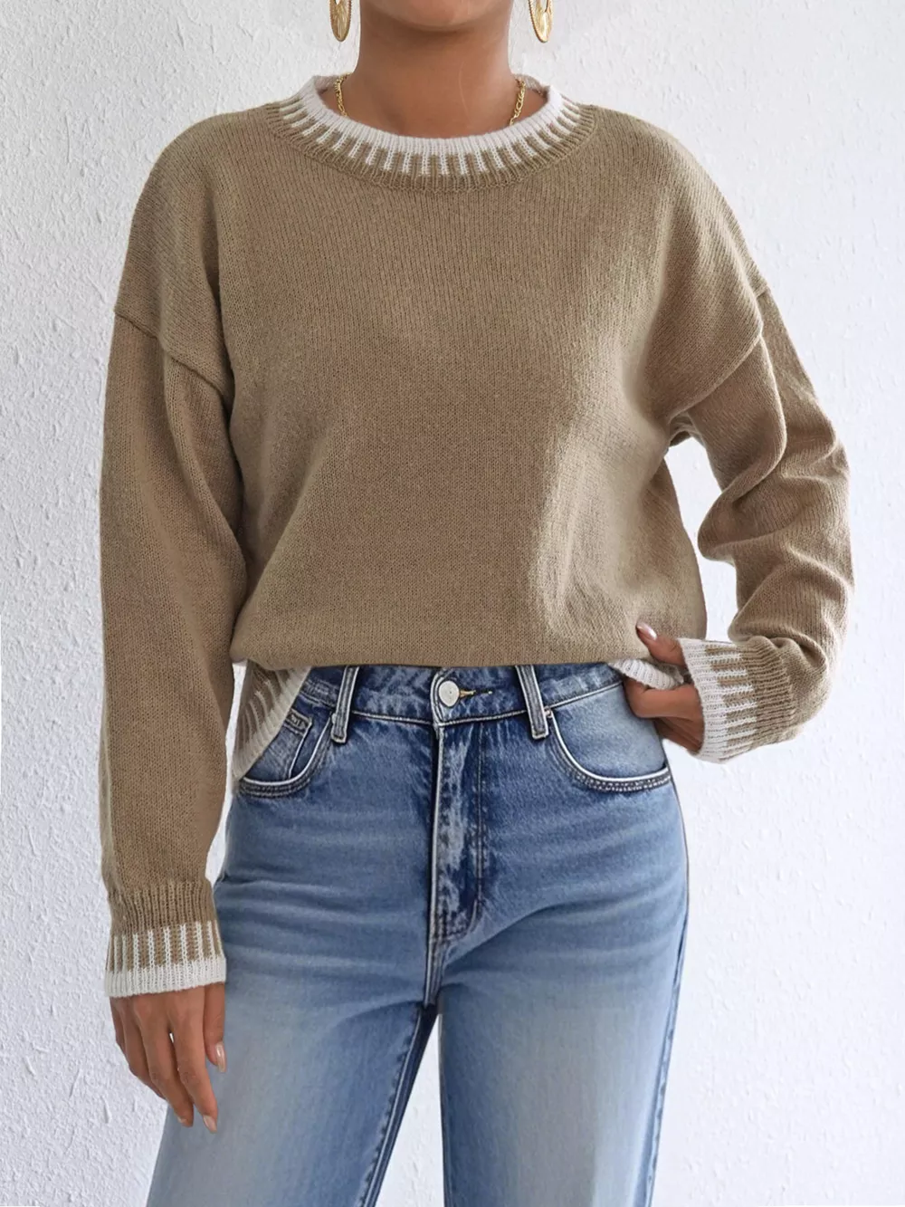 Contrast Trim Crew Neck Drop Shoulder Sweater, image 12