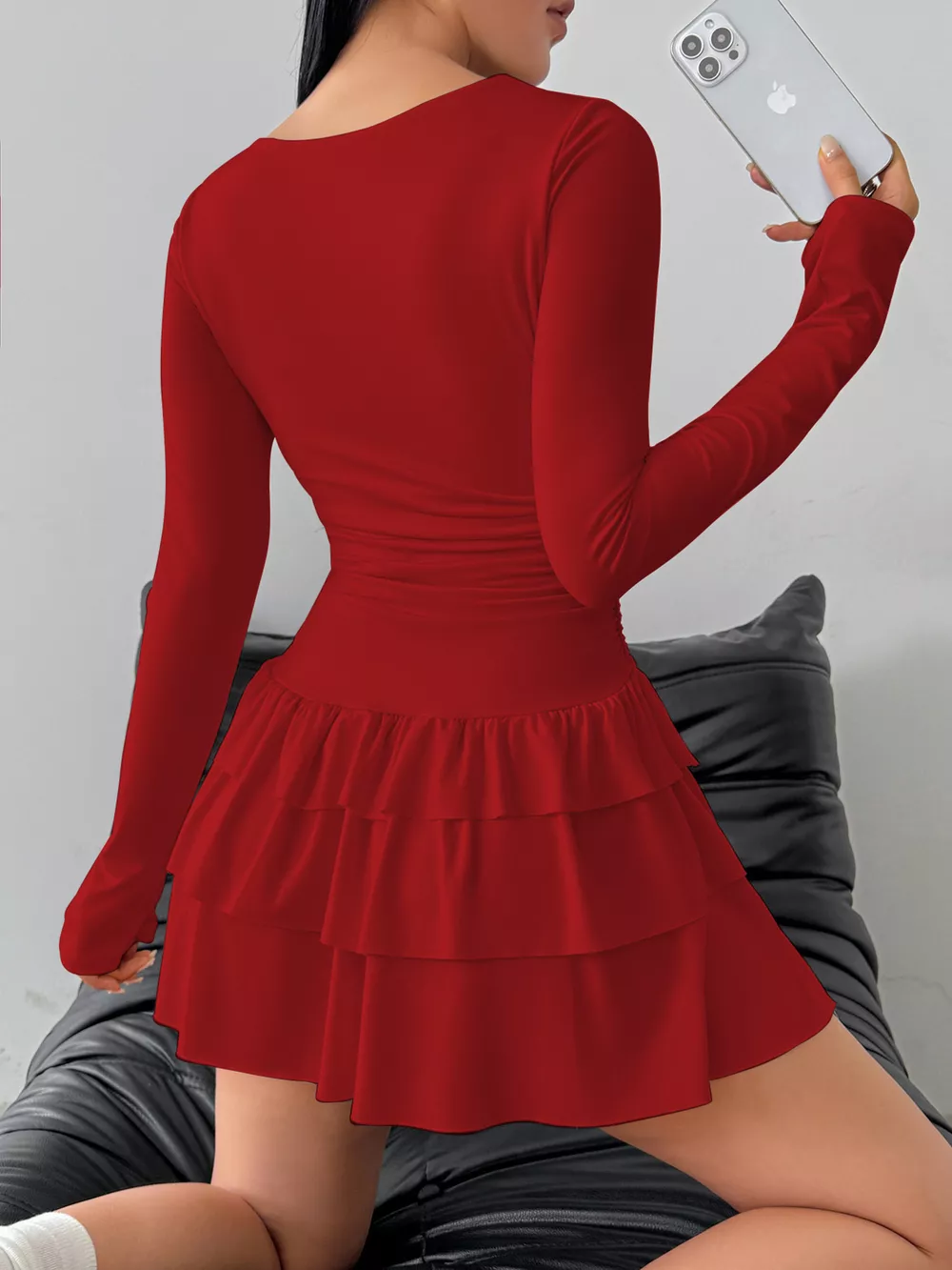Ruched Long Sleeve Layered Ruffle Mini Dress, image 16