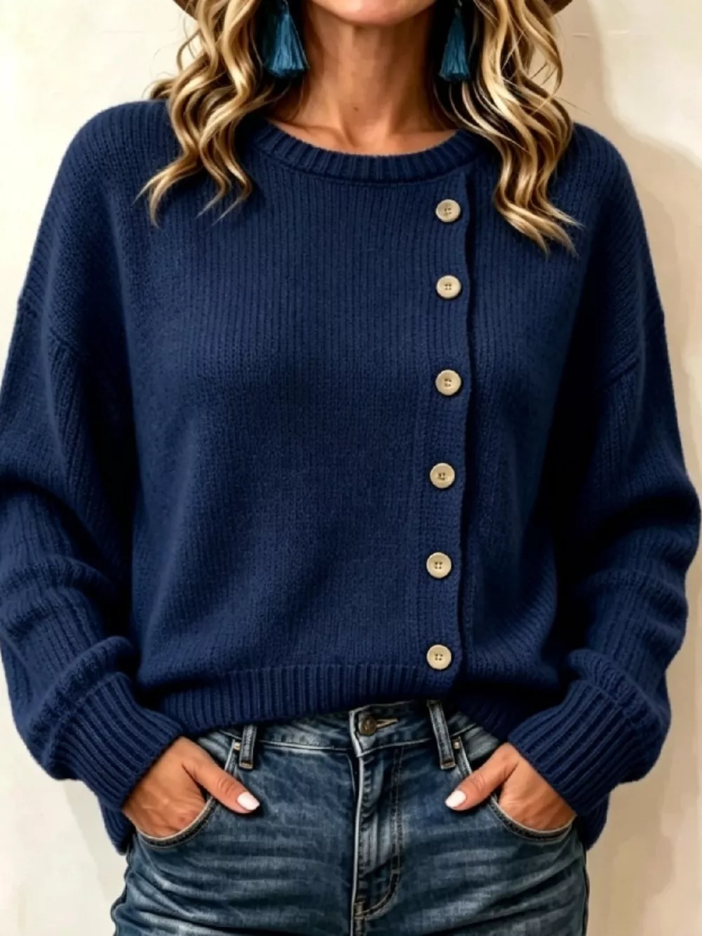Decorative Button Round Neck Sweater, image 8