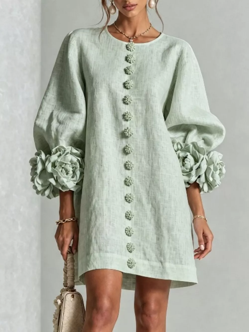 Full Size 3D Floral Sleeve Round Neck Dress Plus Size, image 15