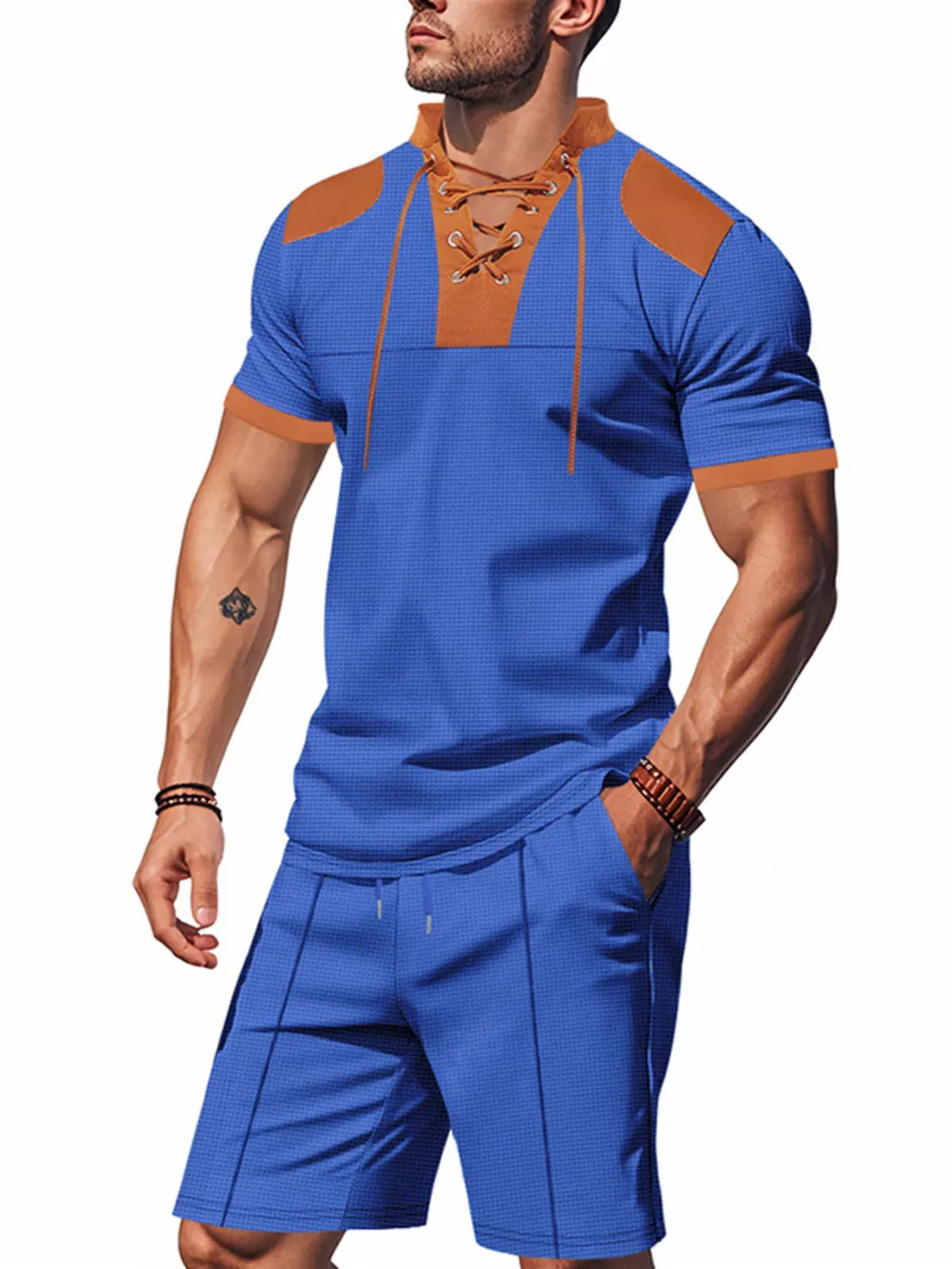 Men's Full Size Lace-Up Collar Casual Top and Shorts Set Plus Size, image 2
