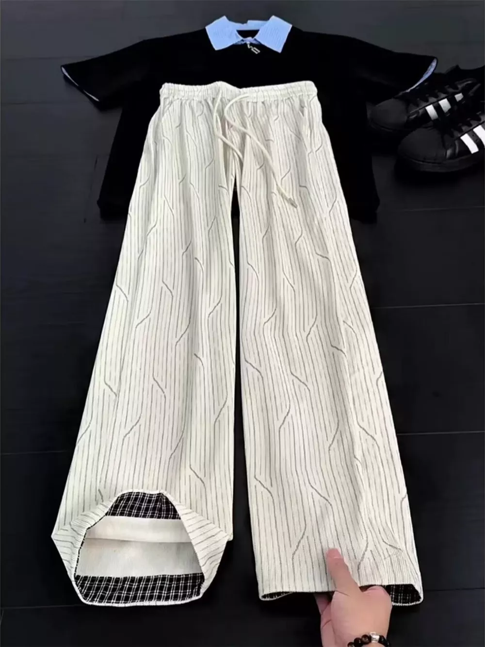 Men's Plus Size Wide-Leg Striped Casual Pants with Drawstring