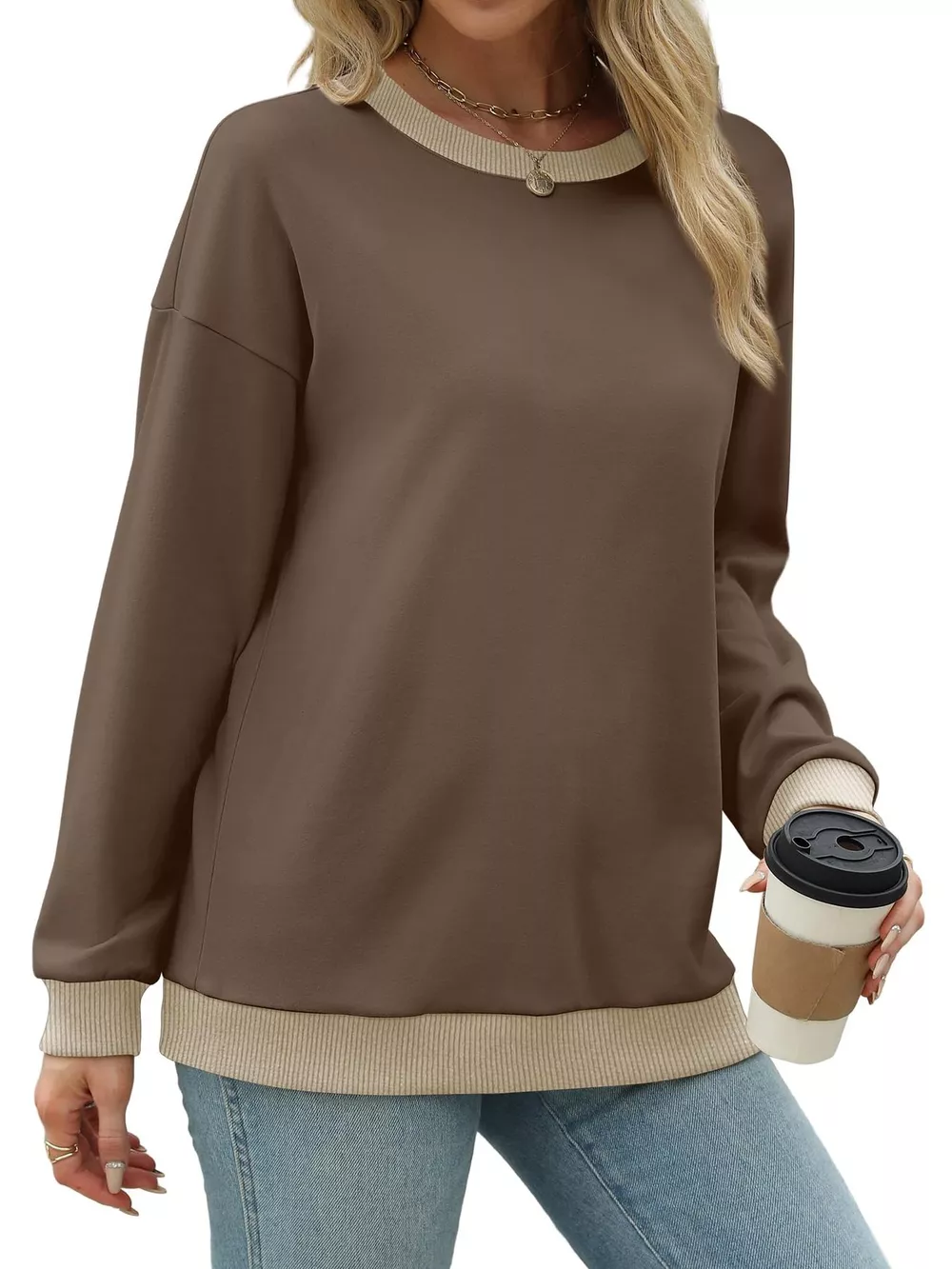 Contrast Trim Crew Neck Casual Sweatshirt, image 19
