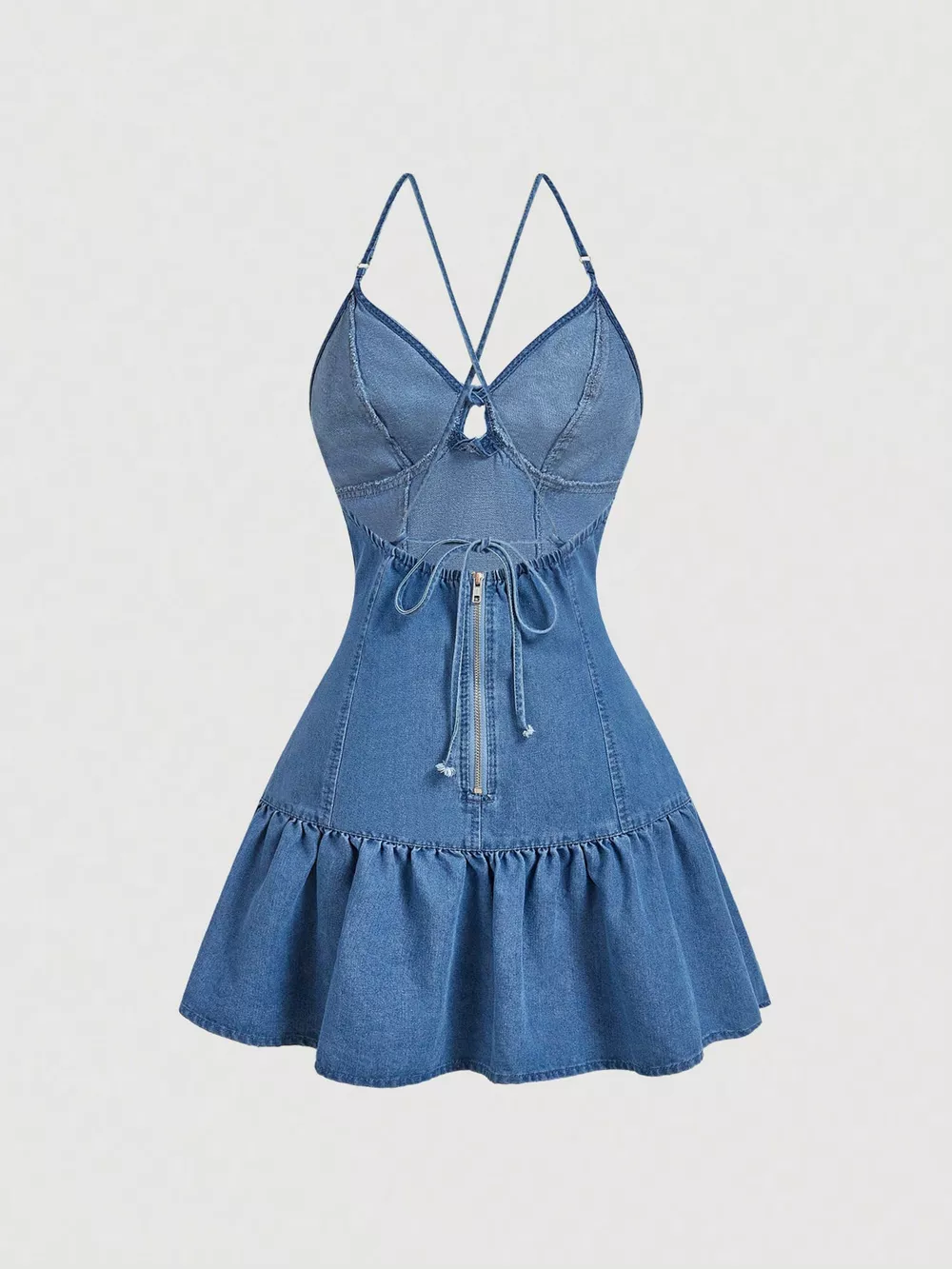 Tie-Front Denim Dress with Ruffled Hem, image 2