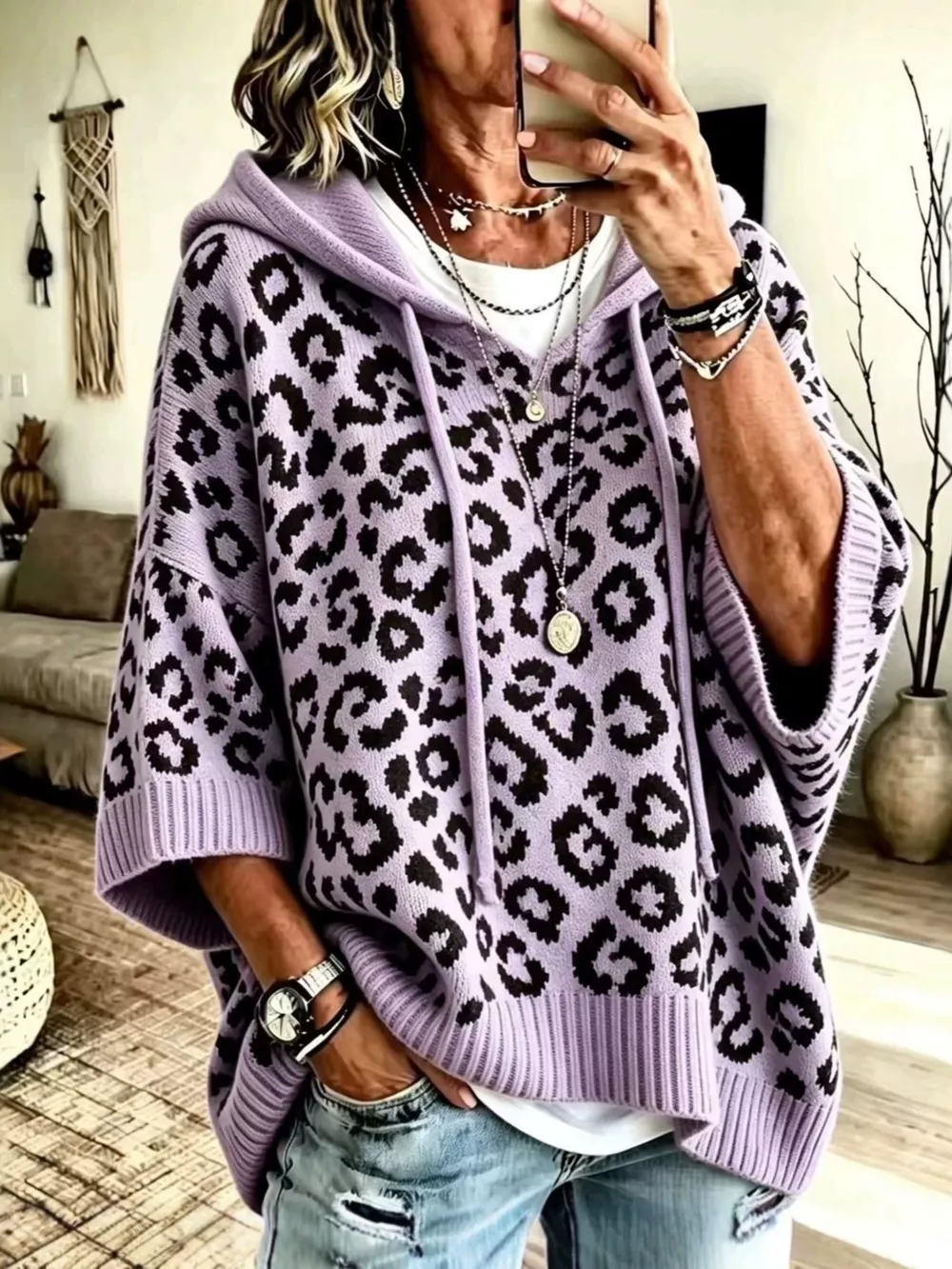 Leopard Print Hooded Knit Sweater, image 11