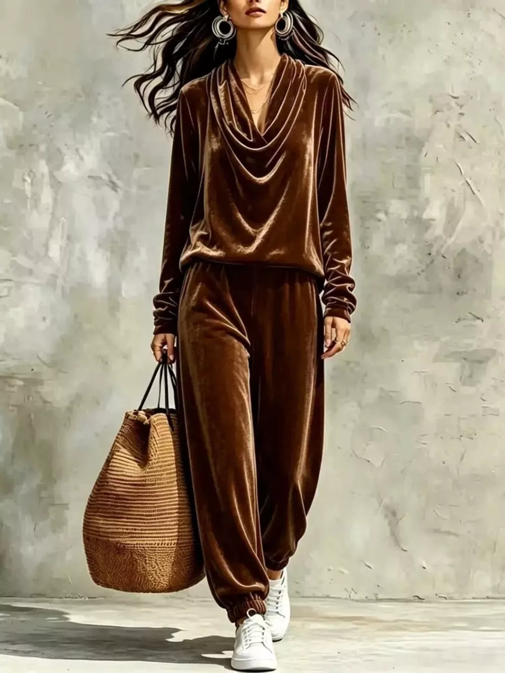Full Size Velvet Cowl Neck Long Sleeve Top and Pants Set Plus Size, image 7