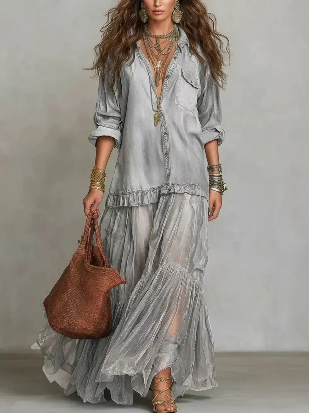 Full Size Tiered Long Sleeve Denim Shirt Maxi Dress Plus Size, image 13