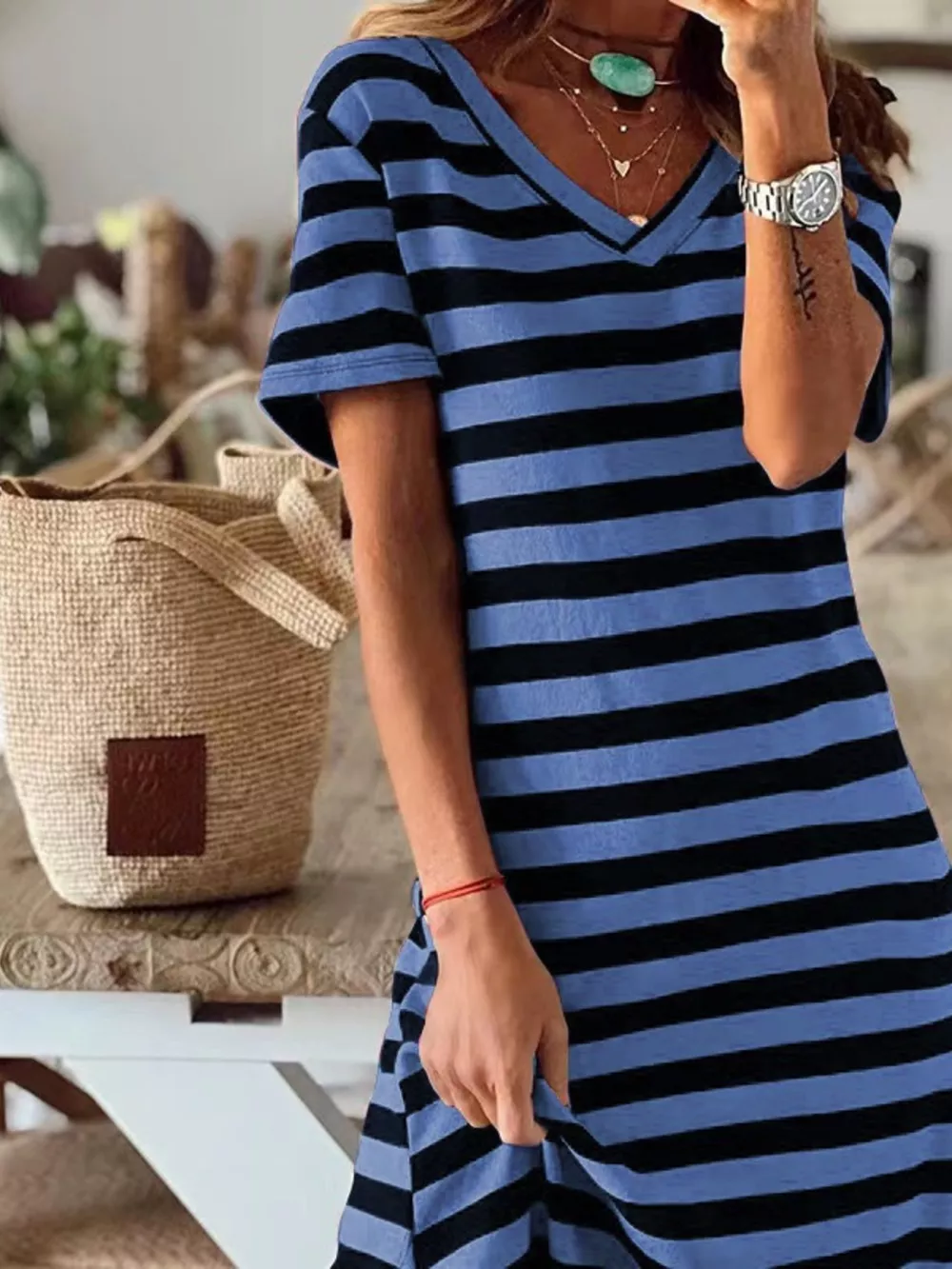Full Size Striped V-Neck Midi Dress with Side Slit Plus Size, image 3