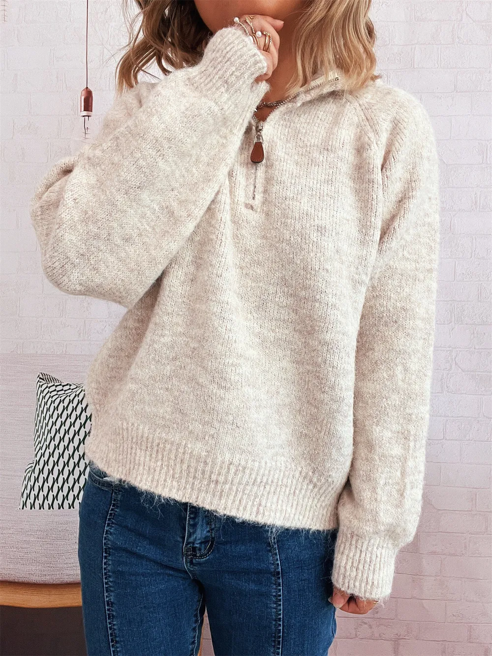 Quarter Zip Ribbed Hem Sweater, image 2