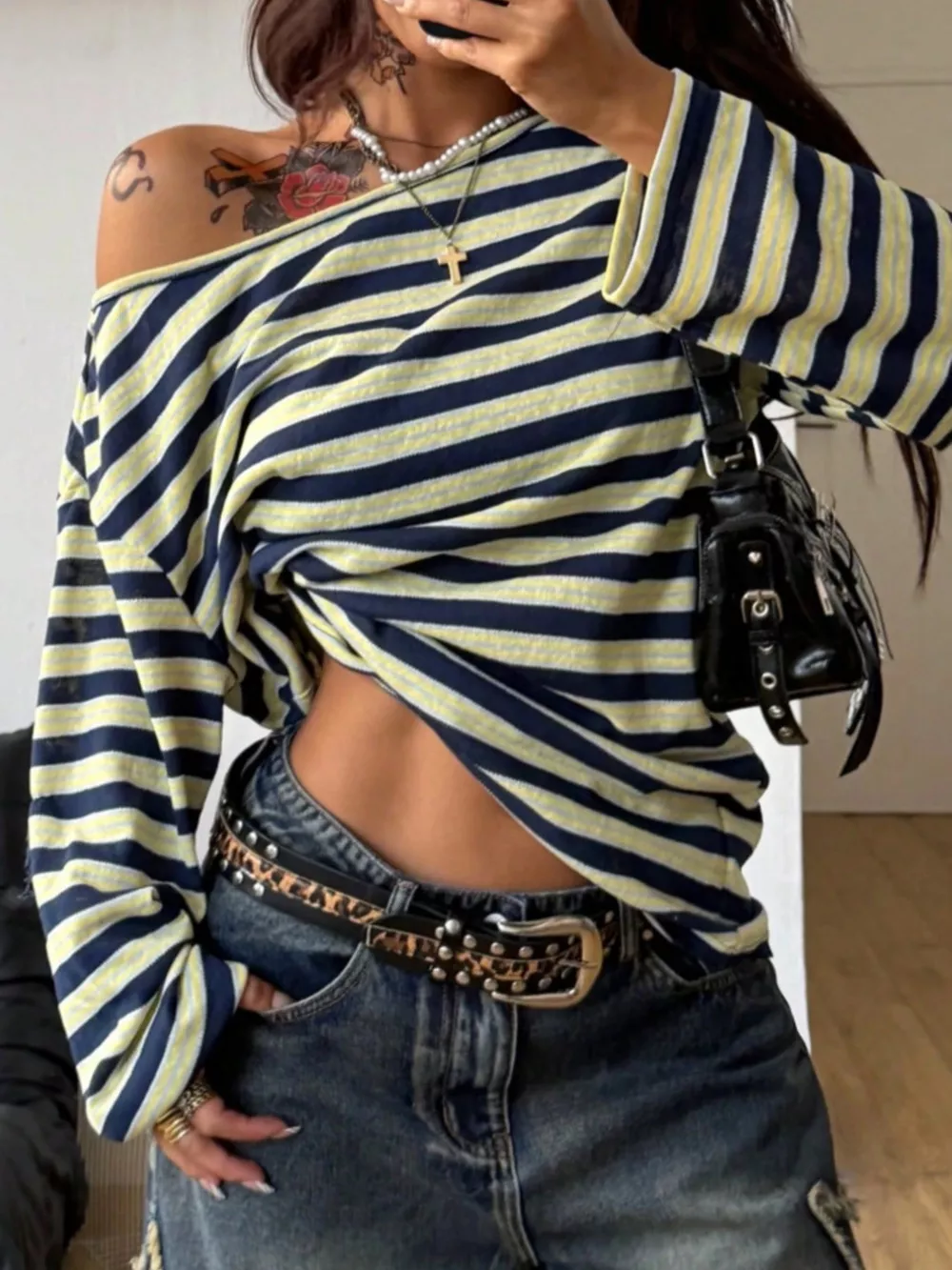 Off-Shoulder Striped Long Sleeve T-Shirt, image 4
