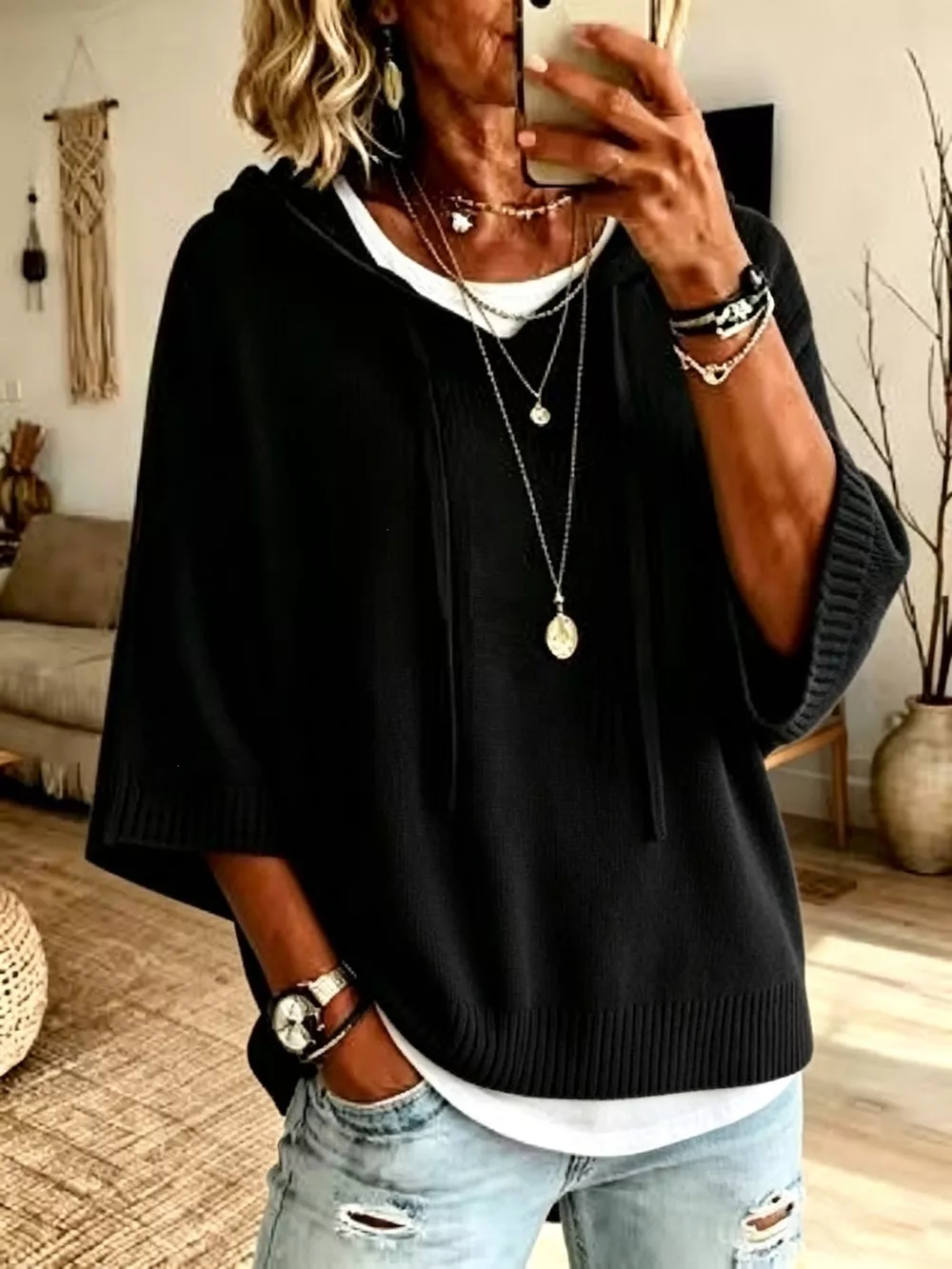 Full Size Casual Hooded Batwing Sleeve Knit Sweater Plus Size, image 7