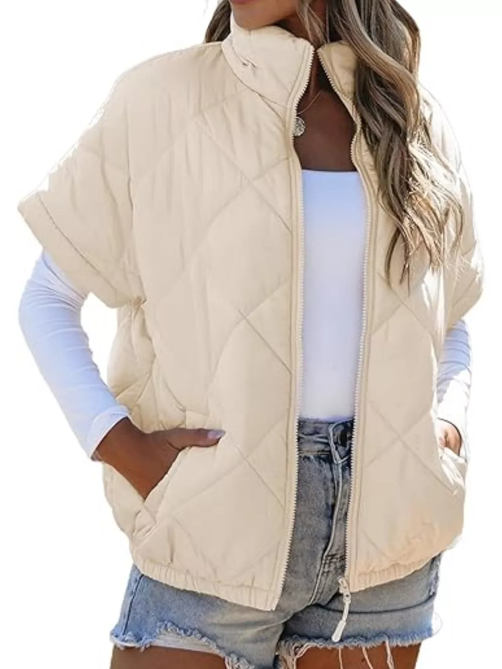 Quilted Zip Up Short Sleeve Winter Coat, image 5
