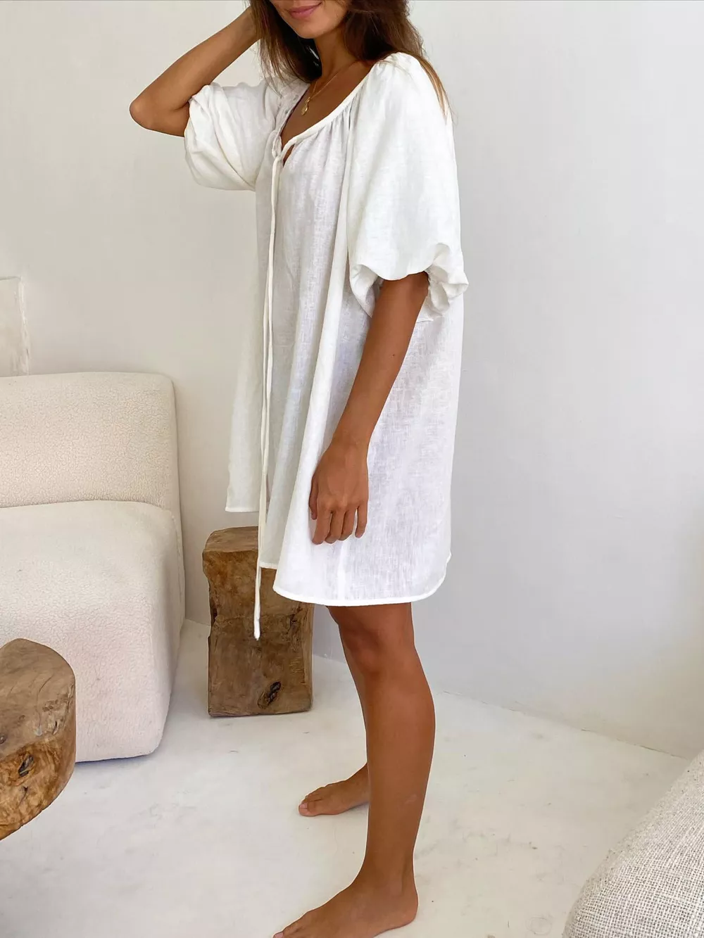 Tie Neck Puff Sleeve Lounge Dress, image 3