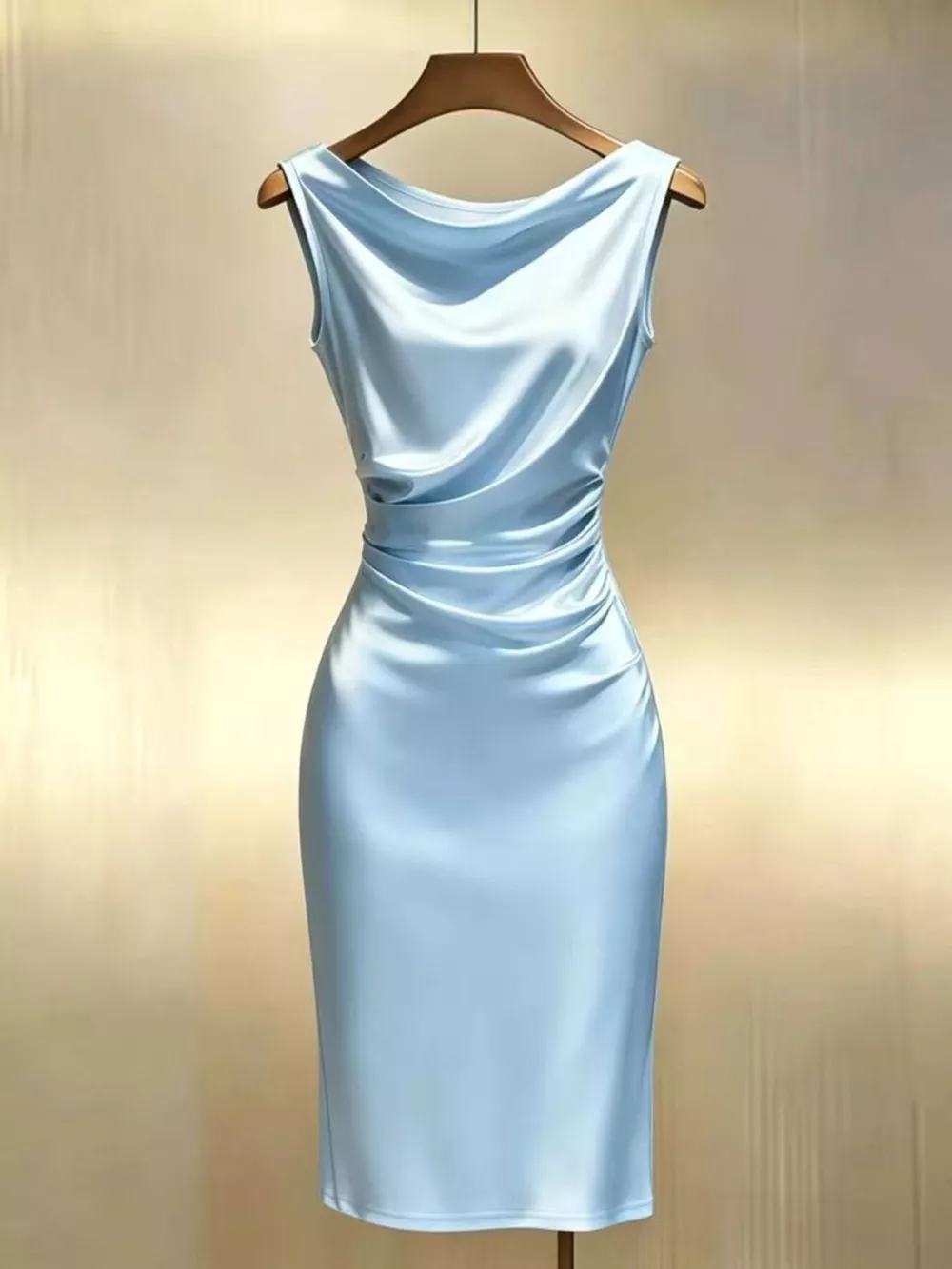 Satin Cowl Neck Ruched Sleeveless Dress, image 3