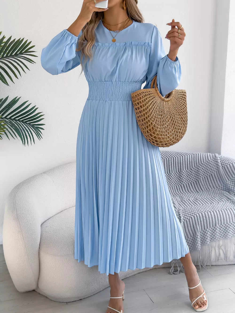 Smocked Pleated Long Sleeve Midi Dress, image 12