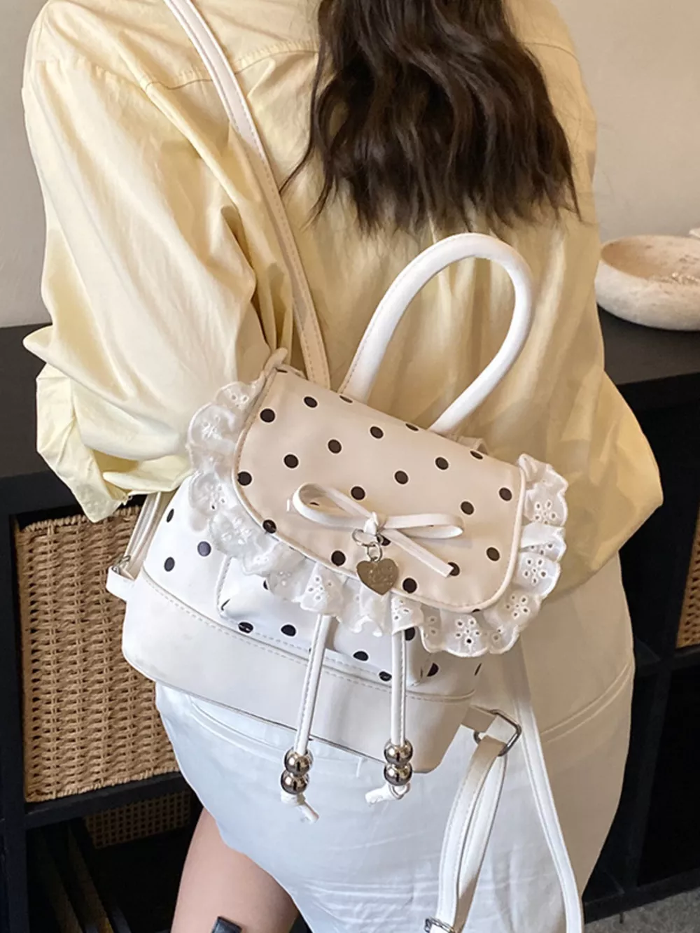 Polka Dot Lace Trim Backpack Bag, image 6