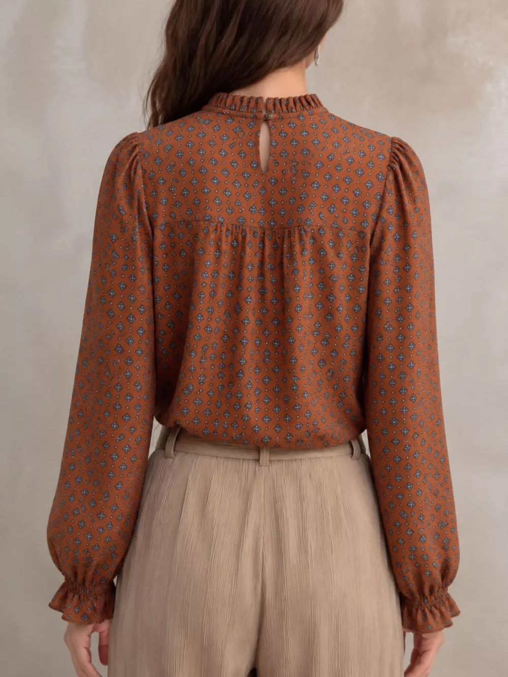 Geometric Print Mock Neck Puff Sleeves Blouse, image 5