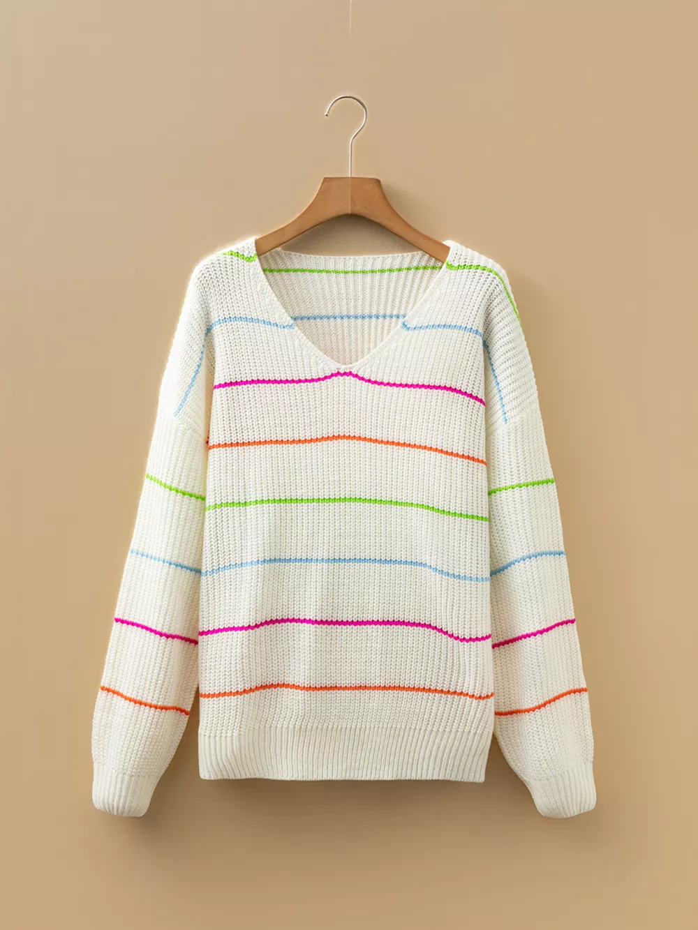 Colorful Striped Detail V Neck Drop Shoulder Baggy Sweater, image 5