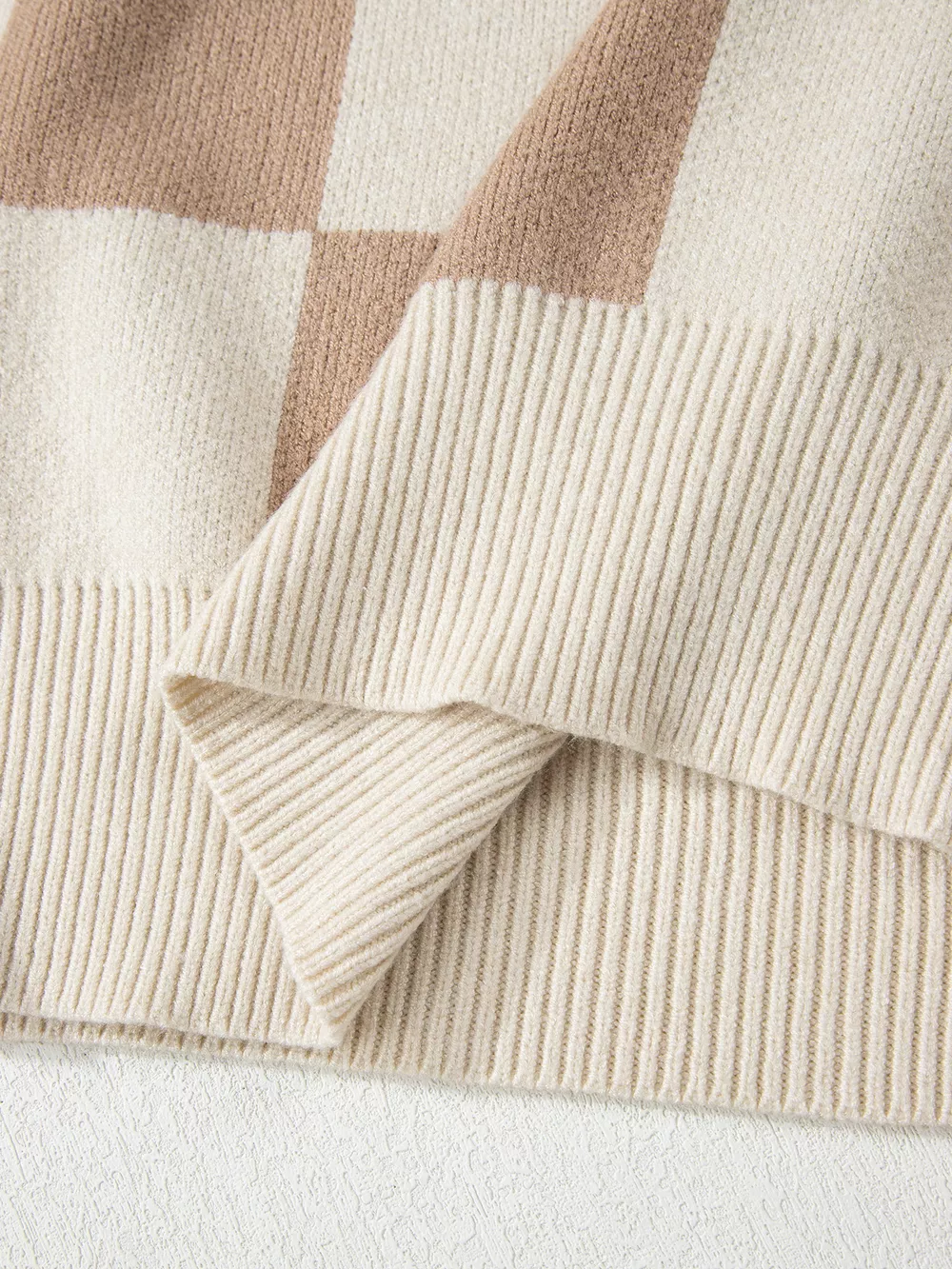 Checkered Pattern Ribbed Trim Knit Baggy Sweater, image 11