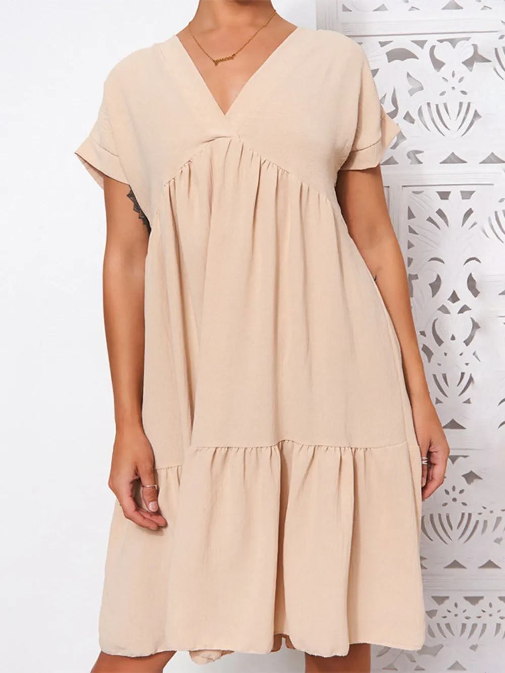 V-Neck Babydoll Tiered Mini Dress, image 2