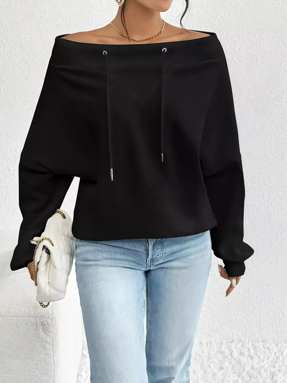 Full Size Off-Shoulder Drawstring Long Sleeve Top Plus Size